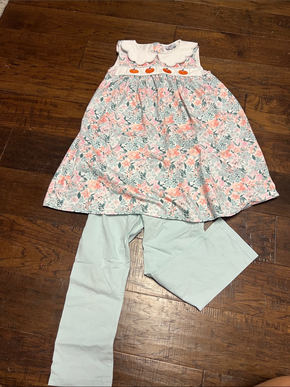 Girls Floral Pink & Mint Matching Set with Scallop Collar